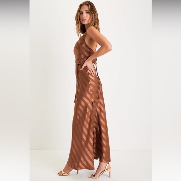 Lulus Sleek Sophisticate Bronze Satin Striped Backless Cowl Maxi Dress Gown - Picture 3 of 6